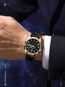 1件男士商务不锈钢日期星期石英表，时尚防水夜光男士腕表，带礼盒，休闲日常佩戴男士手表，男士礼物 - 黑色 - 查看 8
