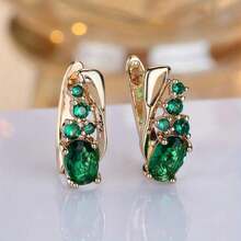 A Set Of Golden Teardrop-Shaped Earrings Featuring Green Stones, Designed For Teenager, Made With Synthetic Synthetic ​   , Perfect For Wedding Jewelry., For Teenager - 綠色 - 查看 2