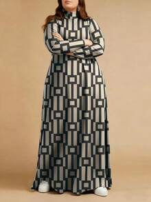 Váy maxi cổ cao tay dài họa tiết hình học Hồi giáo cỡ lớn có túi, vải polyester co giãn nhẹ - màu đen - Xem 1