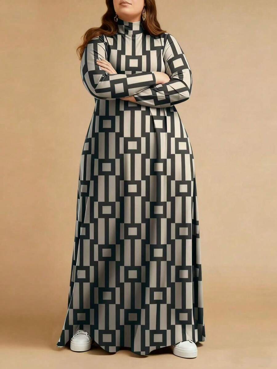 Váy maxi cổ cao tay dài họa tiết hình học Hồi giáo cỡ lớn có túi, vải polyester co giãn nhẹ - màu đen - Xem 1