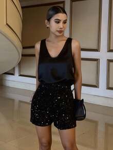 Livesso 女士时尚通勤亮片宽松短裤，新年嘉年华 - 黑色 - 查看 4