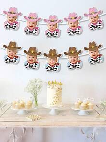 7/14/21pc Custom Personalized Cowboy Face Paper Banner Flags, Personalized Your Photo Pink Cowgirl Brown Cowboy Banner Hanging Decor, Western Themed Birthday Party Supplies, My First Birthday Party Favors, Cowboy 1st Birthday, Personalized Gifts, Room Decor, Funny Gifts - Multicolor - View 5