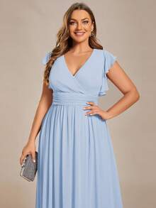 EVERPRETTY V-Neck Solid High Waist Pleated Light Blue Bridesmaid Dress, Wedding Party Guest Dress, Spring/Summer - Baby Blue - View 6