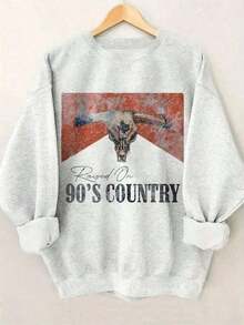 90s Country Western Bull Graphic Retro Women Sweatshirt, Women's Casual Dropped Shoulder Crew Neck Long Sleeve PulloverWomen's Festive Crew Neck Sweatshirt2026 - 灰色 - 查看 1