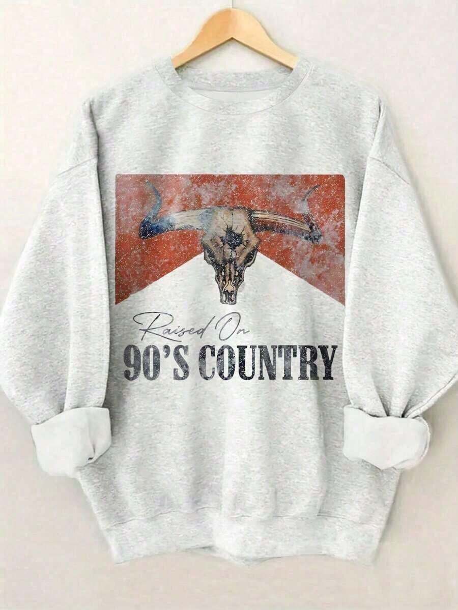 90s Country Western Bull Graphic Retro Women Sweatshirt, Women's Casual Dropped Shoulder Crew Neck Long Sleeve PulloverWomen's Festive Crew Neck Sweatshirt2026 - 灰色 - 查看 1