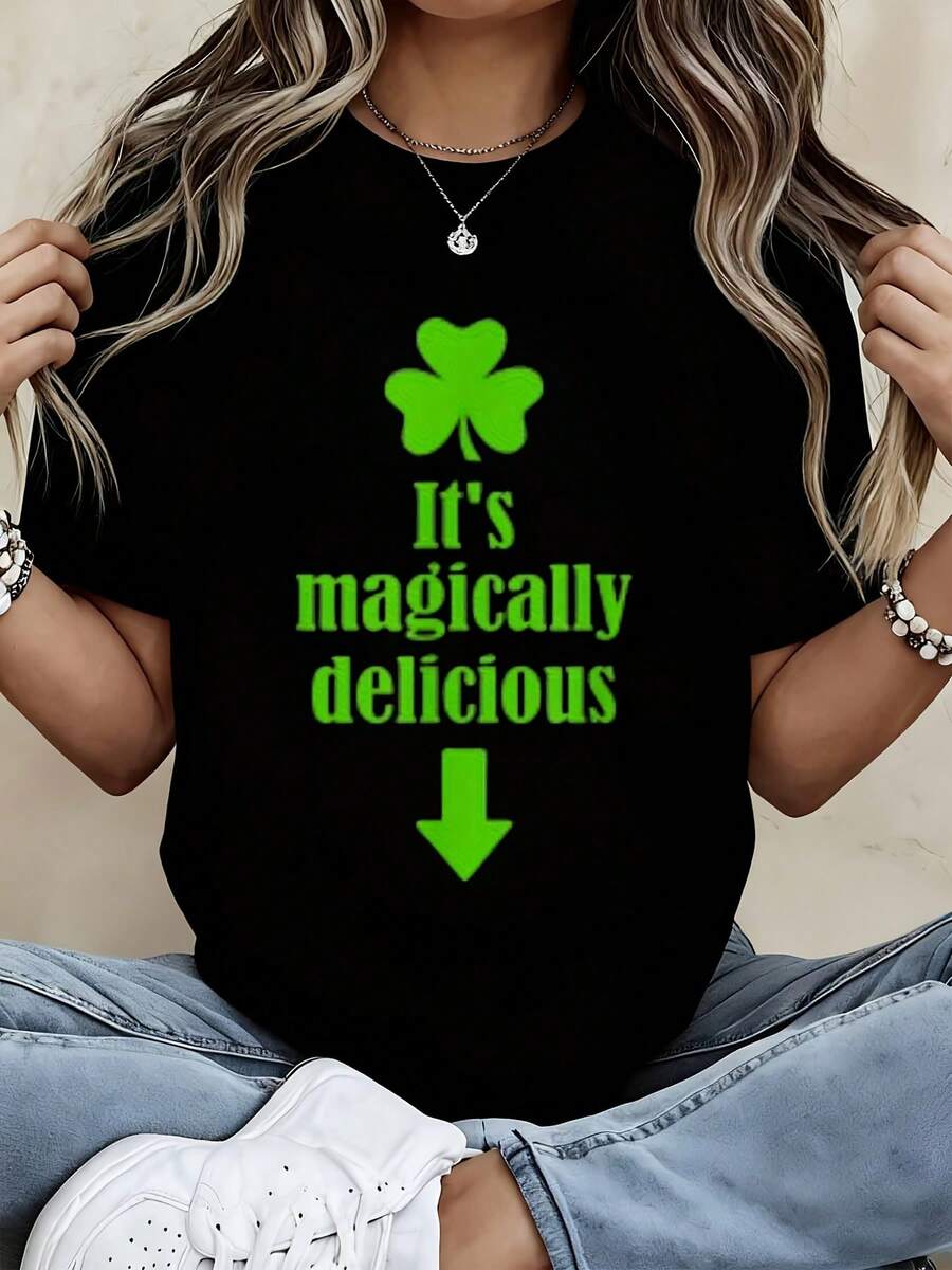 Its Magically Delicious St Patrick Day Shirt With Clover Design Green Text And Arrow For Women Men Unisex Casual T-Shirt Festive Irish Holiday Wear Comfortable Cotton Top For Saint Patricks Day Celebration - 黑色 - 查看 1