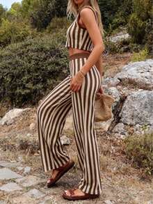 Holiday Bohemian Style Colorblock Striped Fashion Women's Elegant Comfortable Casual Vacation Sleeveless Crew Neck Crop Top And Pants 2-Piece Set, Spring/Summer - Brown - View 3