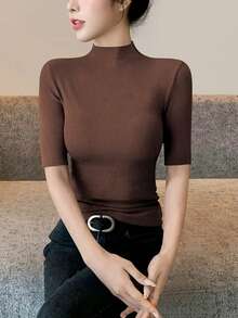 Women's Knit Blouse With High Neck And Short Sleeves, Simple, Ribbed Fabric, Sizes S, M, L - Mocha Brown - View 2