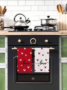 2pcs Red & White Heart Pattern 16x24 Inch Dishcloth, Interesting Kitchen Cleaning Cloth Gift For Couples On Valentine's Day, Absorbent Polyester Towel, Modern Design, Machine Washable Bathroom Decor - Multicolor - View 1