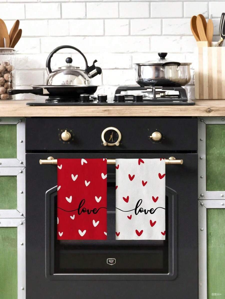 2pcs Red & White Heart Pattern 16x24 Inch Dishcloth, Interesting Kitchen Cleaning Cloth Gift For Couples On Valentine's Day, Absorbent Polyester Towel, Modern Design, Machine Washable Bathroom Decor - Multicolor - View 1