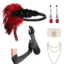 1920 年代轻佻女郎全套！羽毛水钻头饰 + 几何水钻耳环 + 仿珍珠项链 + 白手套，沉浸式复古爵士派对魅力万圣节