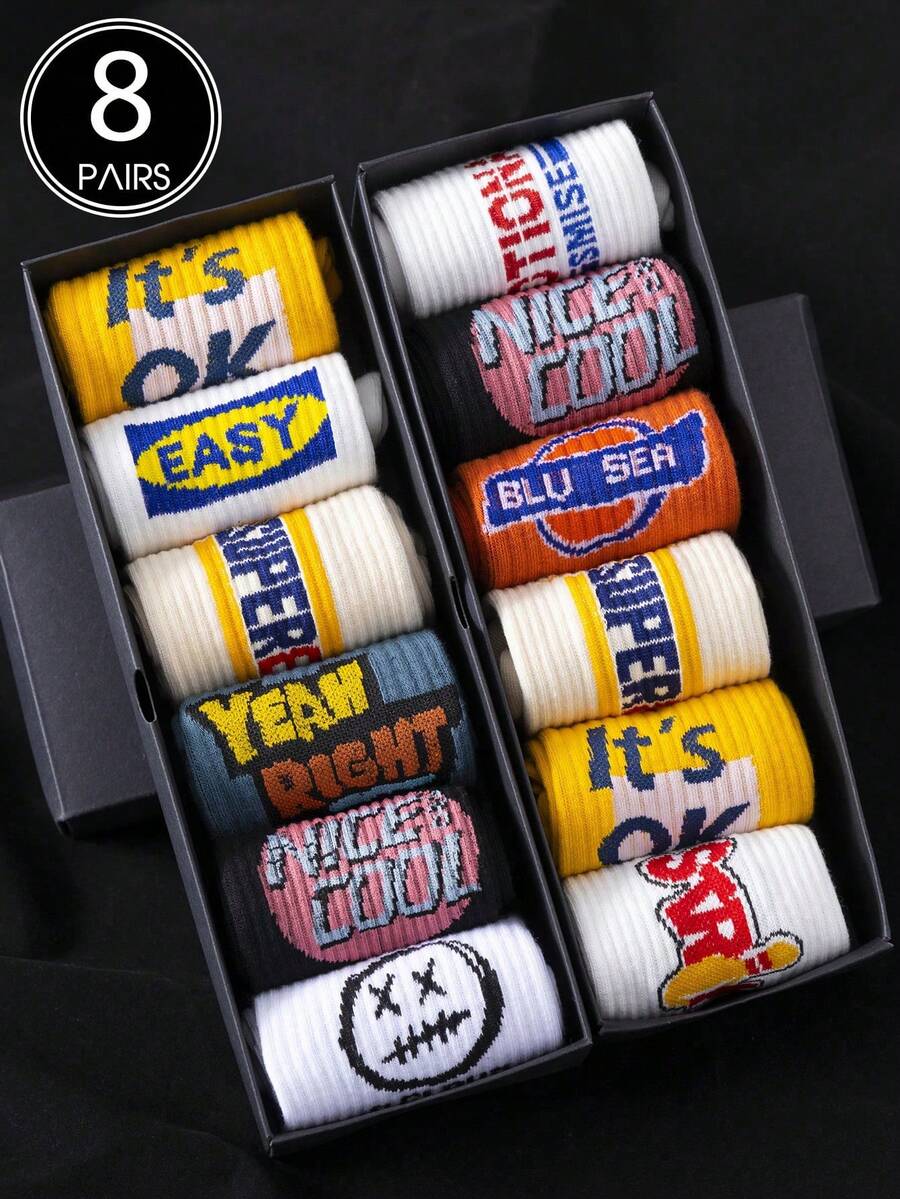 4/8 Pairs Of Men's Colorful Stylish Street Style Letter Print Sports Crew Socks, Anti-Slip, Anti-Friction,Moisture Wicks, Sweat And Odor, Suitable For Basketball And Football,Suitable For Spring,Summer,Fall And Winter, Random Colors - Multicolor - View 1