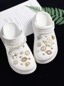 15pcs Fashion Shoe Flower Accessories, 6-Petal Flower Shoe Decor, Faux Pearl Shoe Chain, DIY Shoe Buckles, For Clogs, Sandals Decoration, Holiday Gift - White+Gold - View 1