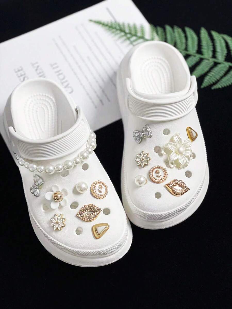 15pcs Fashion Shoe Flower Accessories, 6-Petal Flower Shoe Decor, Faux Pearl Shoe Chain, DIY Shoe Buckles, For Clogs, Sandals Decoration, Holiday Gift - White+Gold - View 1