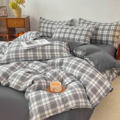 灰色格子四件套床上用品（1个被套、2个枕套、1个床单），可爱优雅风格，无填充，亲肤舒适，适用于单人/双人床，四季皆宜。