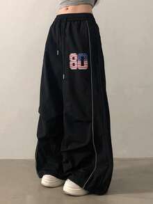 Vintage Flag Print Pleated Quick-Dry Paratrooper Pants For Women, Autumn Sports Wide Leg Jazz Dance Trousers - Black - View 7