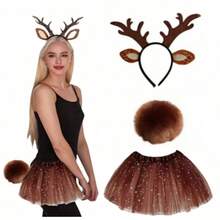 3件套女士圣诞服装套装，包括驯鹿角、鹿耳头箍、可爱蝴蝶结、成人公主芭蕾舞裙，优雅动物造型，非常适合化装舞会