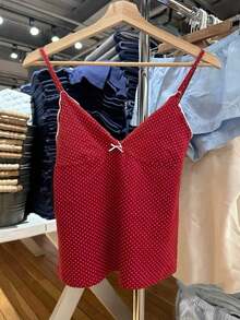 Áo thun đỏ chấm bi cổ chữ V trang trí nơ, phong cách Y2K nữ tính, thích hợp cho mùa hè đi học, đi nghỉ mát, đi biển. - Đỏ - Xem 9
