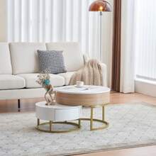 Gold Nesting Tables, A Combination Of A Folding Coffee Table And A Side Table With Two Drawers. Set Of 2 Pieces. - White - View 8