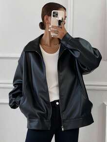 Livesso 翻领拉链宽松休闲男友风摩托车仿皮夹克 - 黑色 - 查看 3