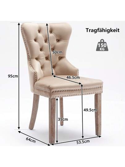 Dining Stoel (Kitchen Chair, Living Room Original Knocker On The Back, Set Of 2), Upholstered Nailhead Solid Wood Legs, Fluwelen Upholstery, Beige view 10