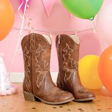 1 Pair Girls Cowboy Boots Cowgirl Western Boot For Kids Rhinestone Sparkly Toddler Dress Boots Ponited Toe Mid Calf Birthday Party For Little Big Kid - 棕色 - 查看 5