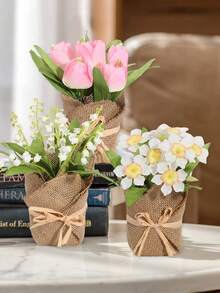4pcs/Set Artificial Flower Potted Plants, Daffodil, Lily Of The Valley, Tulip, PE Material, 4 Varieties, Desktop Decor, Suitable For School, Dorm, Office, Artificial Plant Potted Home Decoration, Ornament Landscape, Party, Holiday, Birthday, Wedding, Home, Hotel, Restaurant, Living Room, Bedroom, Kitchen, Garden Decor, Wedding Season, Gift, Spring/Summer Decoration, Green Decor - Multicolor - View 11