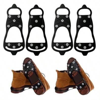 4/2 Pieces Ice Cleats With 8 Spikes, Stainless Steel Studs, Winter Outdoor Anti-Slip Traction Device, Suitable For Walking, Hiking, And Mountaineering, Anti-Slip Ice Grippers - Anti-Ice Device, Suitable For Hiking, Ice Climbing, Hunting, Running, And Winter Walking - Compatible With Ski Boots/Regular Shoes - Suitable For Snow, Ice, And Rocky Terrain