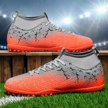 1双男女通用高帮户外足球鞋，防滑耐用，适合团队运动，成人、学生、青少年、大码人士均可穿着，适用于人造草坪，系带设计，皮革材质，轻便高性能，防滑设计，专业足球鞋，厂家直销 - 灰桔 - 查看 4