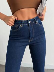 Stylish Women's Dark Wash Skinny Jeans Long Denim With Pockets And Button Zipper Closure For Casual Look - Navy Blue - View 3