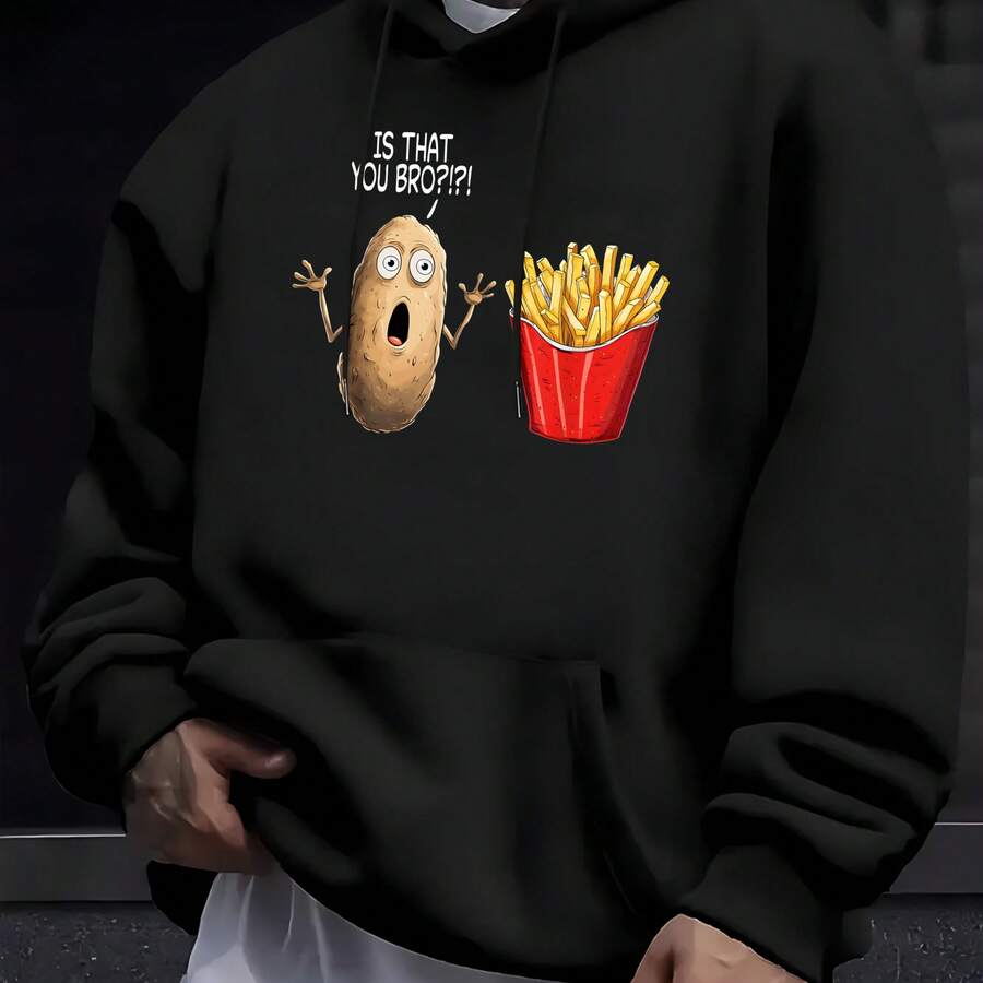 Men's Fashion Hoodie With Potato And French Fries Print And "Is That You Bro!" Text For Daily Wear, Casual, Social, Winter, And Autumn - Black - View 1
