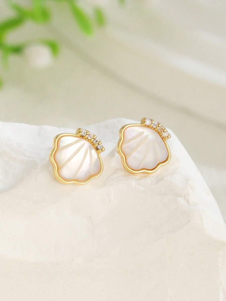 1pair Sweet And Elegant Gold Copper Set Zirconia Shell Earrings Ear Studies Children's Jewelry Accessories Party Party Daily Travel Dress Up - Gold - View 1