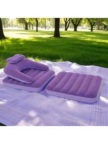 1 pezzo Divano gonfiabile da esterno, divano letto pieghevole e comodo, poltrona reclinabile portatile per tempo libero domestico, campeggio all'aperto, pisolino in ufficio, letto per ospiti temporanei, design creativo, pieghevole compatto - Viola - Visualizzare 3