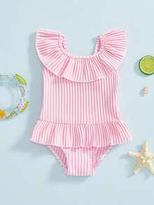 Traje de baño para niña pequeña, con estampado de rayas, volantes, sin mangas, falda, traje de baño para bebé - Rosa - Ver 1