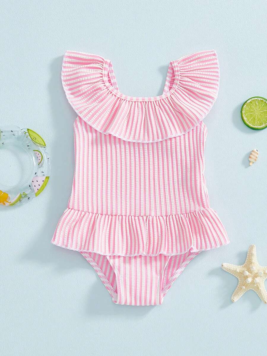 Traje de baño para niña pequeña, con estampado de rayas, volantes, sin mangas, falda, traje de baño para bebé - Rosa - Ver 1