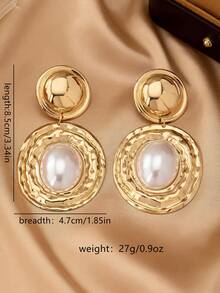 一对几何纹理椭圆形镶嵌椭圆形珍珠吊坠耳环，复古优雅女士耳环 - 金黃色 - 查看 3