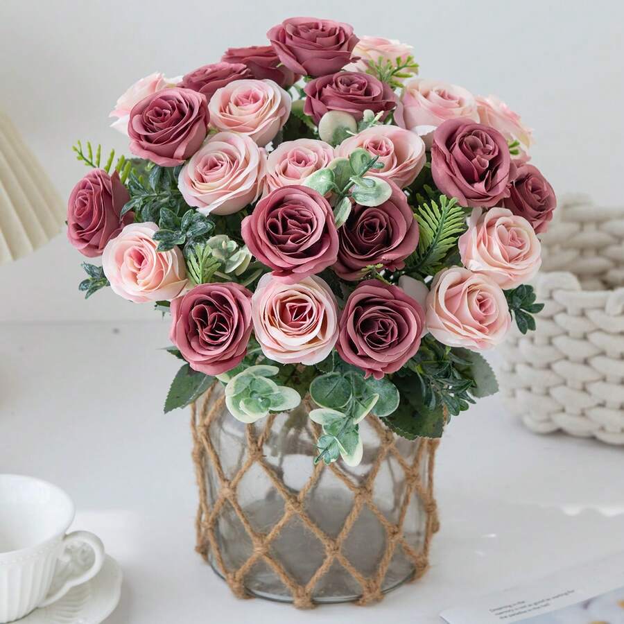 1/80 Bundle 11.41 Inch Artificial Rose Flower Bouquet, Handmade Lifelike Plant, Elegant Wedding Decor, Home Decor, Party Decor, Hotel Decor, Wreath & Wall Decor, Outdoor Events, Spring Decor, Valentine's Day, Living Room & Bedroom Decor, Room Accessories, New Year Decor, Valentine's Day Gift - Sand Red - View 1