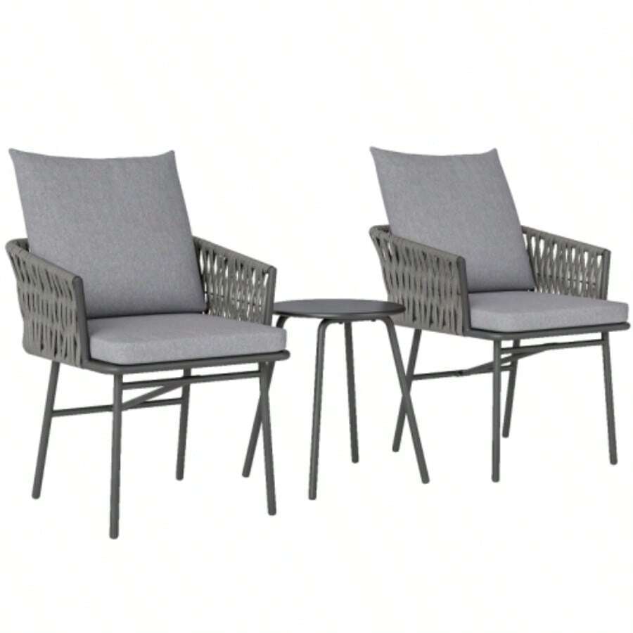 Outsunny 3-Piece Rattan Bistro Set, Including 2 Garden Chairs, A Coffee Table, And Removable Cushions. Ideal For Balconies, Gardens, Or Patios. Color: Gray Steel. - 深灰色 - 查看 1