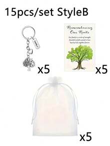 30pcs/15pcs Tree Of Life Keychain Set, Contains 5pcs Thank You Tree With Heart Pendant Keychain, 5pcs Thank You Cards And 5pcs Organza Bags, Family Party Gift, Silver Keychain Engraved With A Tree, Symbolizing The Strength And Uniqueness Of Growth, Suitable For Family Reunion Souvenirs, Bridal Showers, Birthday Parties, Wedding Party Teams, Bag Accessories, Car Keychains - Multicolor - View 15