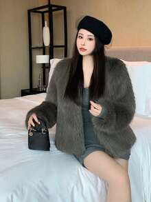 Women's New Faux Fur V-Neck Coat, Minimalist Furry Jacket, Autumn/Winter - Grey - View 8