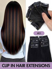 6件套1片式夹式接发，真人发丝，直发，挑染，夹式真人发，派对自然黑直发，女士夹式接发，女孩角色扮演和派对，易于佩戴，圣诞节适用 - 彩色 - 查看 20