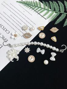 15pcs Fashion Shoe Flower Accessories, 6-Petal Flower Shoe Decor, Faux Pearl Shoe Chain, DIY Shoe Buckles, For Clogs, Sandals Decoration, Holiday Gift - White+Gold - View 3