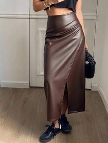 Livesso Women's Solid Color Asymmetric Design Casual Skirt,Pencil Skirt Leather Skirt - Coffee Brown - View 3
