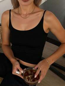 Livesso Damen einfarbiges Camisole Top für den Sommer, Crop Top, Neckholder Top - Schwarz - Übersicht 3