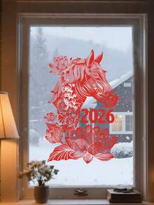 2026 Year Of Horse Chinese New YearWindow Sticker, Spring Festival Decals, Red Lunar Door Decorations, Spring Festival Wall Decor, Happiness Wall Sign, For Office, Home Holiday, Party Decoration, Home Decorations - Multicolor - View 7