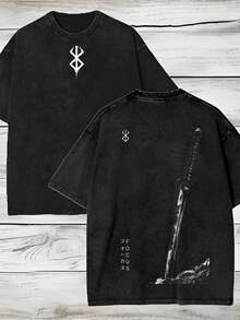 Retro Anime Washed Heavyweight Cotton T-Shirt, Double-Sided Comic Book Style T-Shirt, Dark Harajuku Style Anime T-Shirt, Otaku Fashion Gothic Top, Y2K Casual Men's Top, Streetwear. - 黑色 - 查看 1