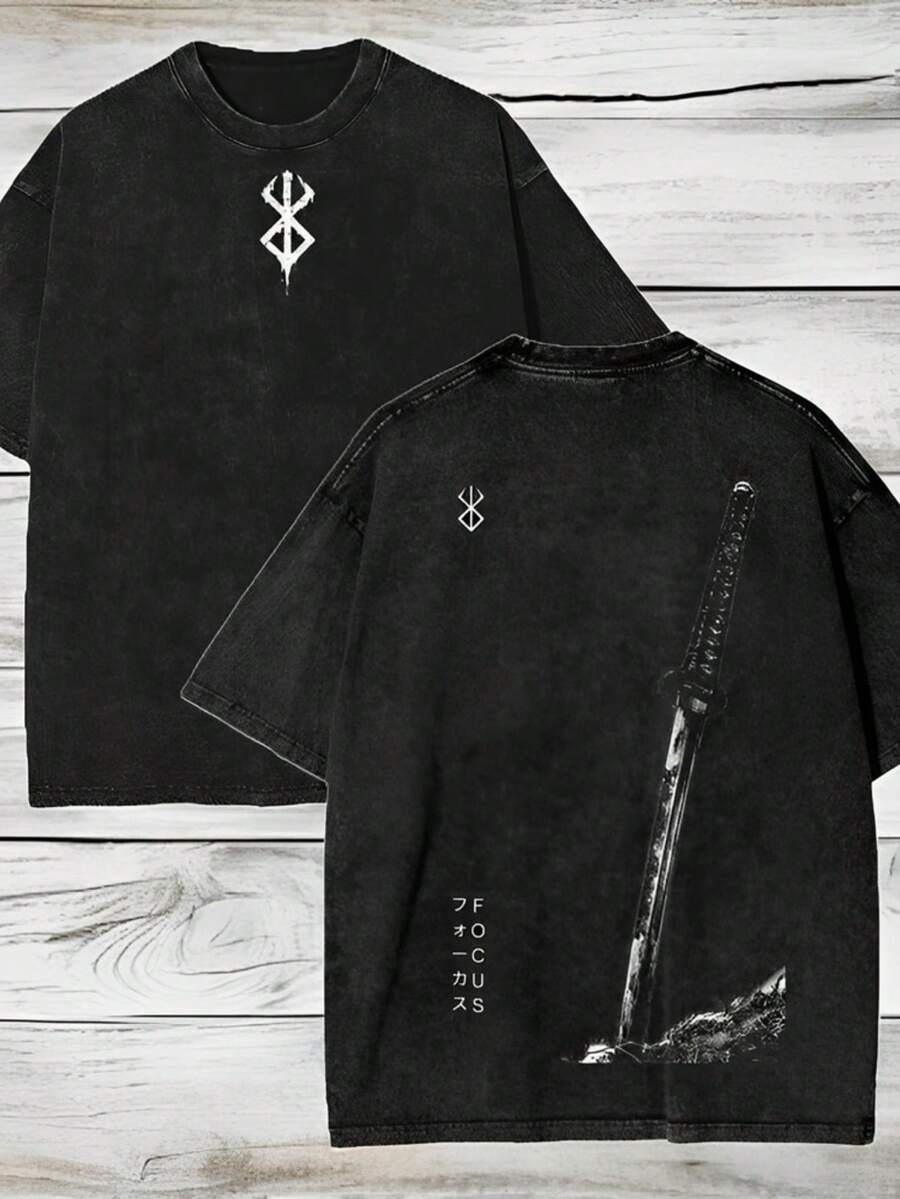 Retro Anime Washed Heavyweight Cotton T-Shirt, Double-Sided Comic Book Style T-Shirt, Dark Harajuku Style Anime T-Shirt, Otaku Fashion Gothic Top, Y2K Casual Men's Top, Streetwear. - 黑色 - 查看 1