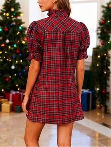 Women's Christmas Plaid Print Tunic Dress Puff Short Sleeve V Neck Loose Shirt Dress Casual Babydoll Xmas Dress With Pocket - 紅色 - 查看 5