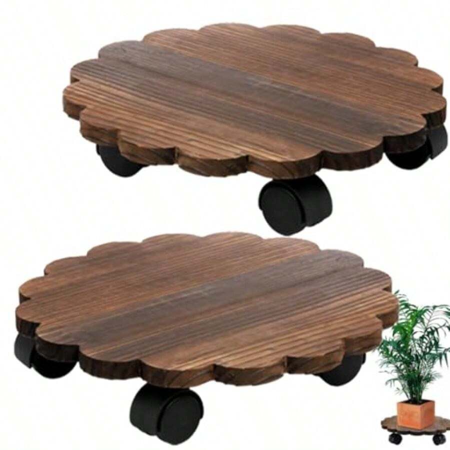 2 Pack Plant Cart Wooden Round Plant Cart Rolling Plant Stand With 360° Lockable Casters Wooden Plant Pot Mobile Tray Base For Large Pots Planters Patio Indoor Outdoor - Black - View 1