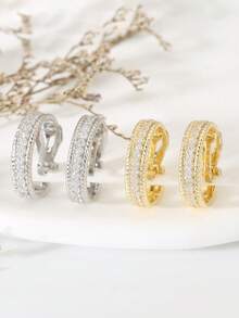 1 Cặp bông tai kẹp hình chữ C đính đá thời trang, bông tai hình học thanh lịch tối giản không xỏ khuyên dùng cho đám cưới, tiệc tùng, trang sức - kẹp - Xem 4